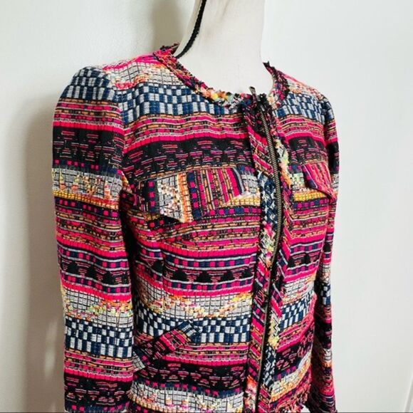 Trina Turk Red Multi Baja Tweed Printed layke Jacquard Zip Blazer size 4 - Picture 4 of 13